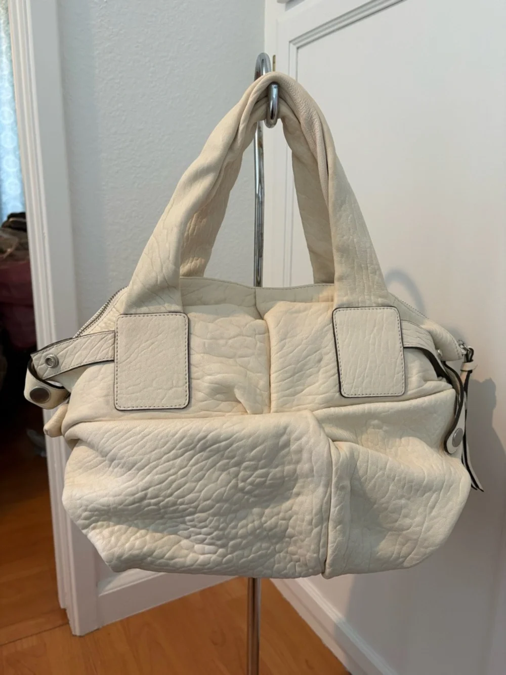 Cream Studded Top-Handle Satchel Handbag